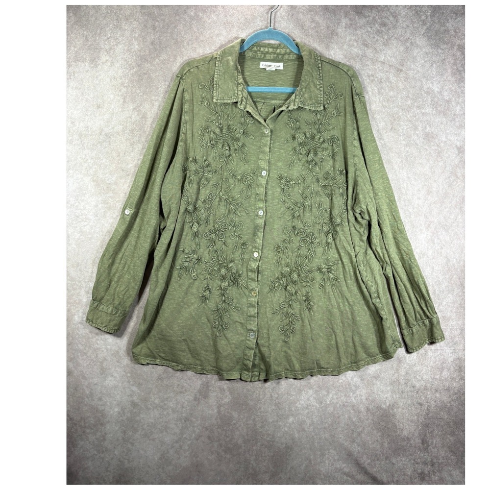 Coldwater Creek Shirt Womens 2X Green Embroidered Floral Slub Knit Button Front